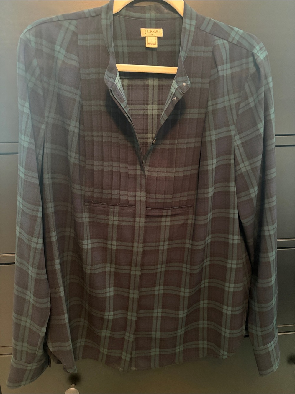 Women’s J. Crew Blue and Green Plaid Popover Button-down Blouse Shirt size L